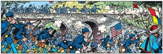 Attaque à travers le pont de pierre vue par Les Tuniques Bleues T.27 Bull Run